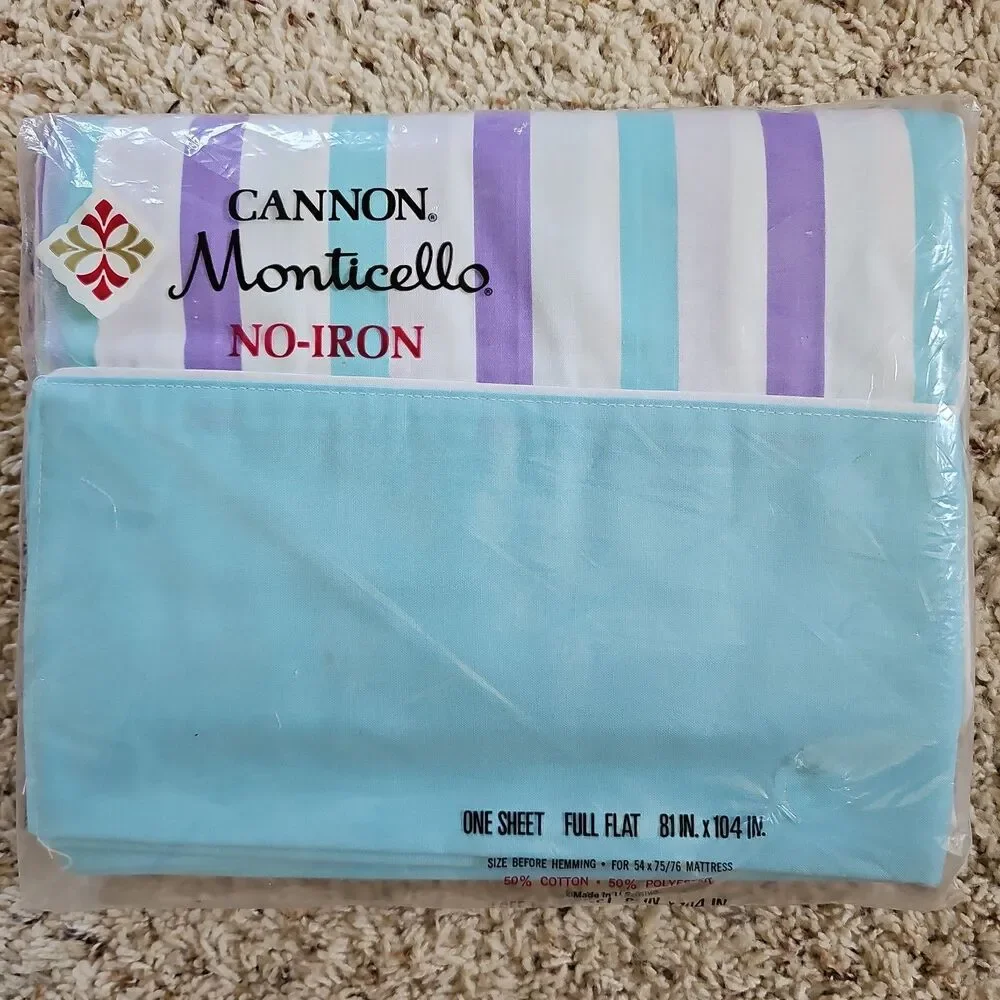 Cannon Monticello Aqua Blue Muslin Full Flat Sheet NEW Vtg MCM Purple Stripe